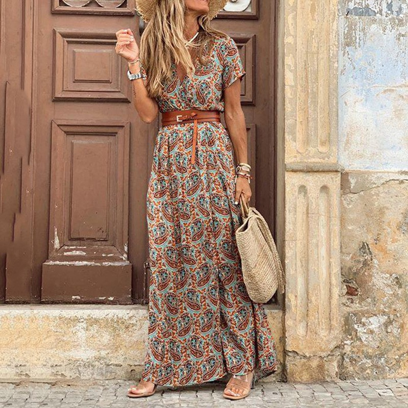Women's Floral Print Maxi Dress with Belt Waist