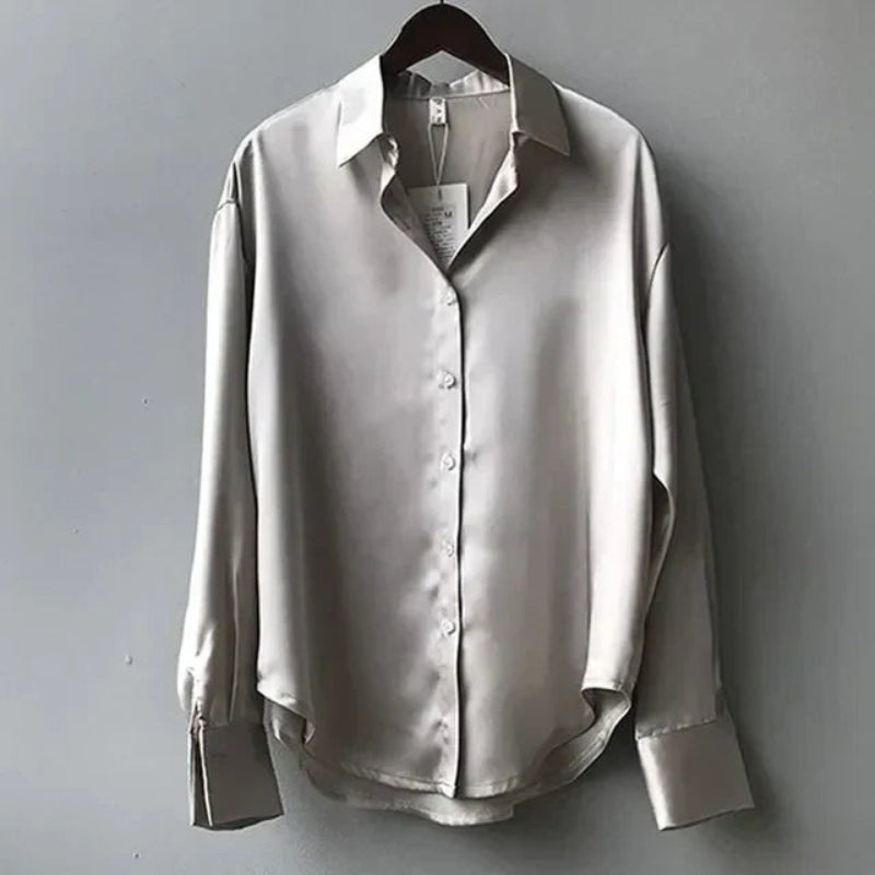 Women’s Satin Finish Button Front Blouse Long Sleeve