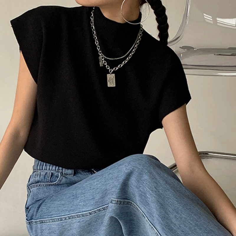 Women's Ribbed High Neck Blouse with Short Sleeves