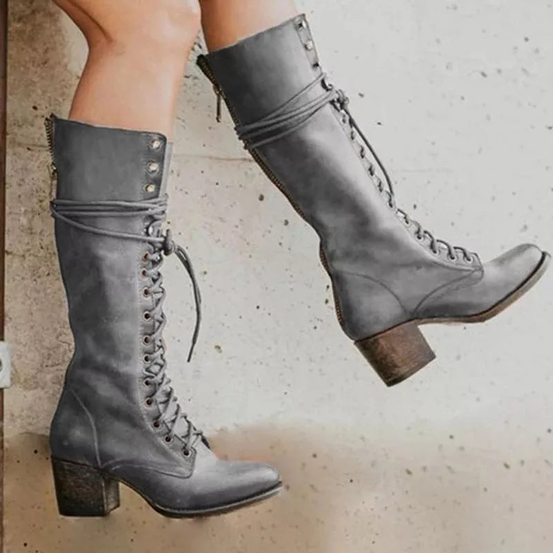 Women’s Knee High Lace Up Boots Block Heel
