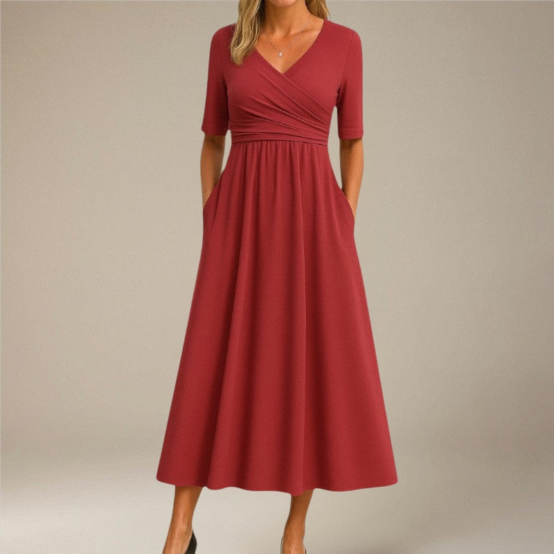 Women’s V-Neck Midi Dress Short Sleeve with Side Pockets