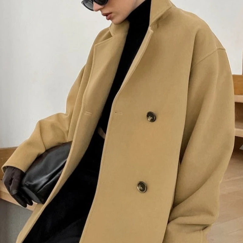 Liana – Long Sleeve Coat with Collar Down and Button Closure