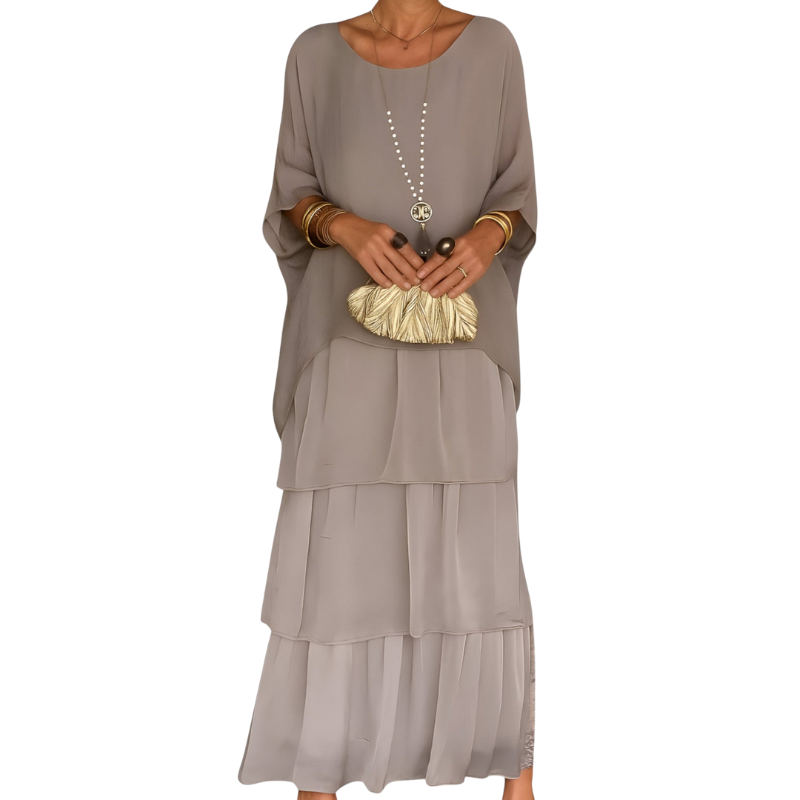 Nova – Lange A-lijn Gelaagde Maxi Jurk met Ronde Hals en Korte Mouwen Velani