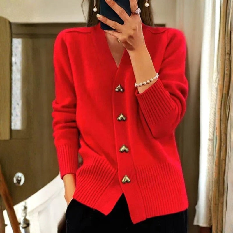Olivia – V Neck Knitted Cardigan With Heart Shaped Buttons