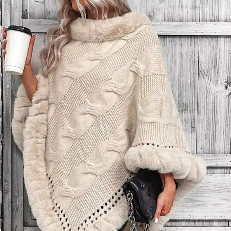 Mira – Loose Fitting Sweater with Cable Knit and Fur Trim