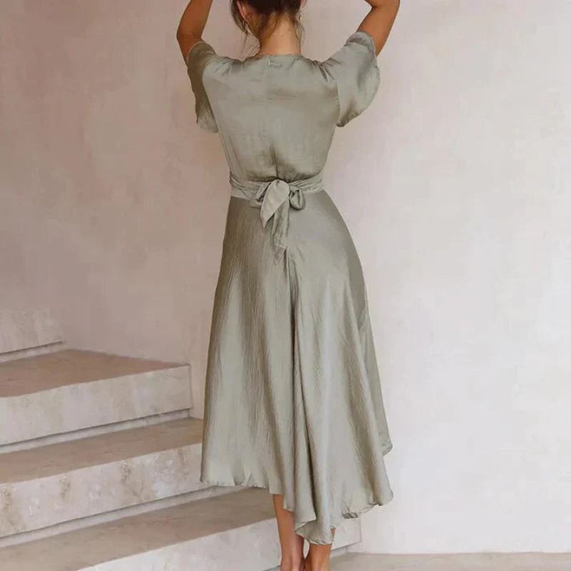 Women’s V-Neck Maxi Dress with Belt and Ruffle Detail