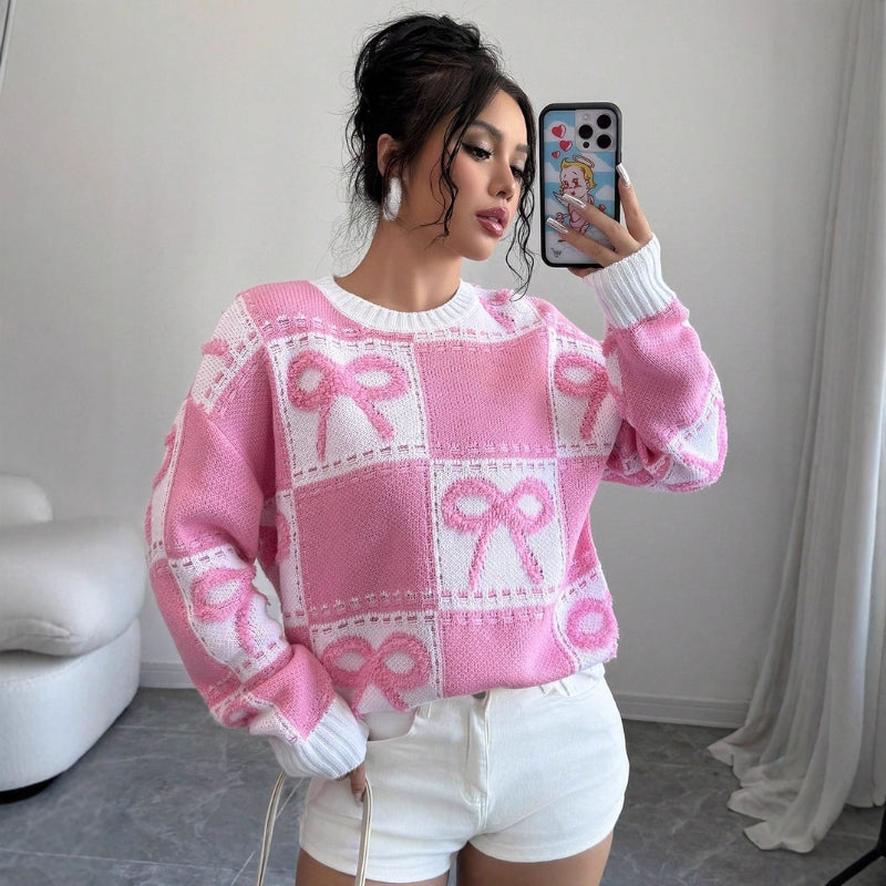 Samantha – Long Sleeve Knitted Sweater With Bow Pattern Design