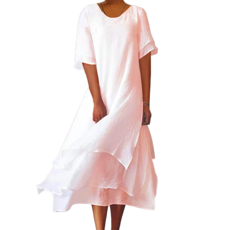 Fiona – Dubbel Laag Jurk met Ronde Hals en Korte Mouwen Velani