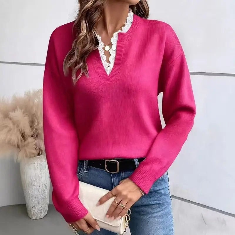 Fiona – Long Sleeve Sweater with V Neck and Ribbed Hem Design