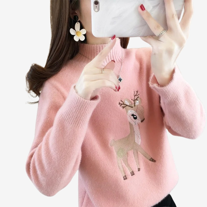 Ava – Long Sleeve Sweater with Ribbed Hem and Deer Pattern