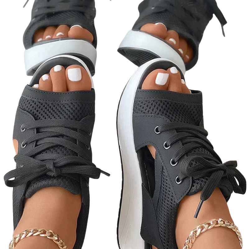 Lucia – Platte Peep Toe Sandalen met Contrasterende Veters en Muffin Ontwerp Velani