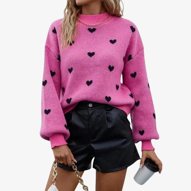 Jennifer – Long-sleeved sweater with heart print and round neck