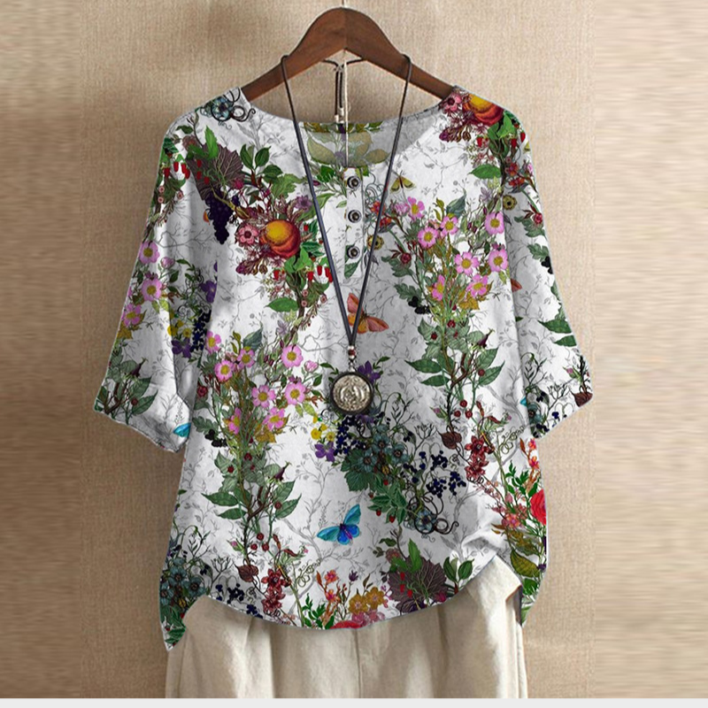 Women's Oversized Printed Blouse with O Neck
