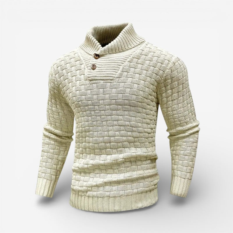 Liam – Long Sleeve Sweater with Stand Collar and Button Closure