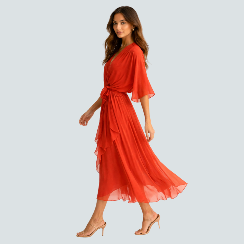 Stylish Midi Dress with V-Neck and Batwing Sleeves