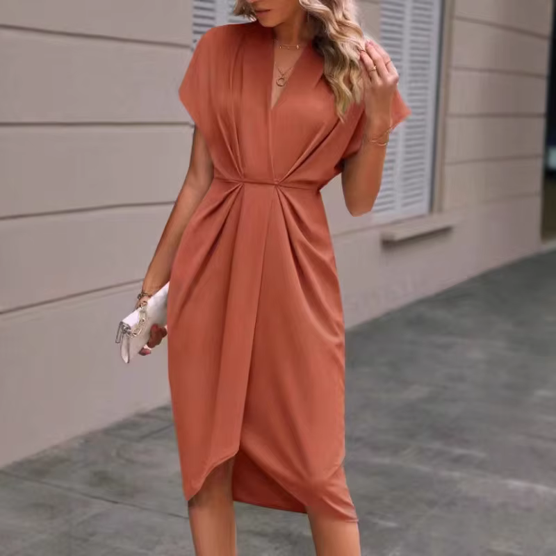 Women's Elegant Midi Dress with V-Neck and Twisted Waist