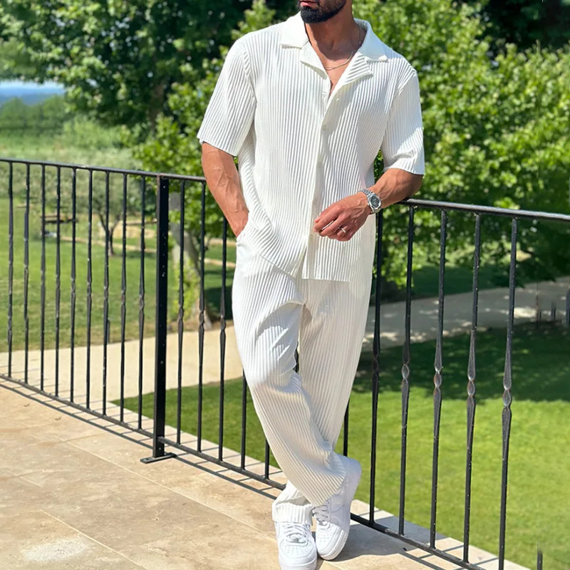 Men's Two-Piece Button Shirt & Wide Leg Trousers Set