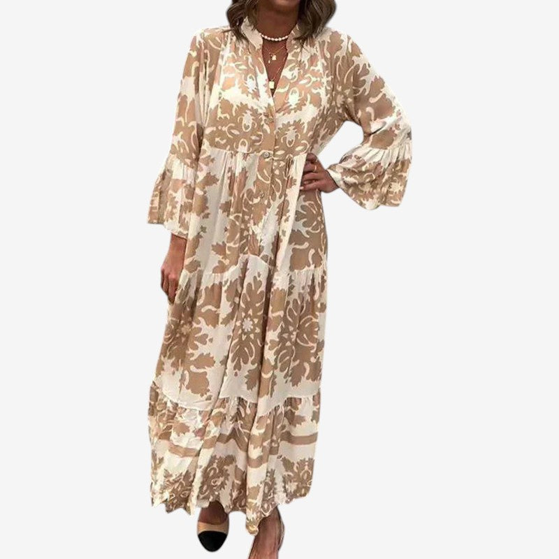 Women's Printed Midi Dress with V Neck and Long Sleeves