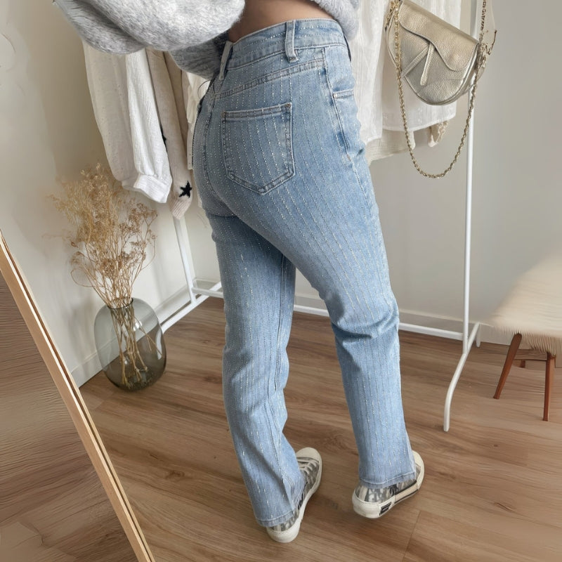 Leah – Hoge taille glitterbroek met meerdere zakken Velani