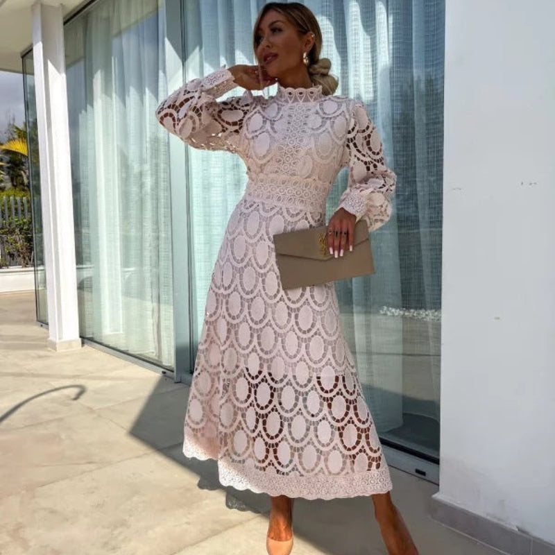 Women’s long sleeve openwork lace straight dress