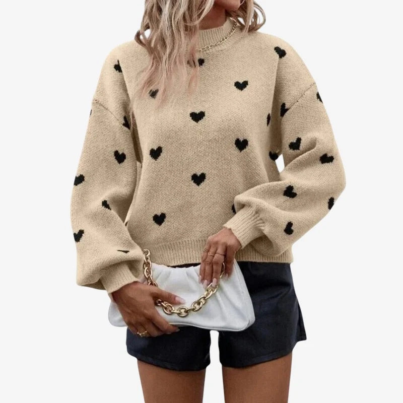 Jennifer – Suéter de manga larga con estampado de corazones y cuello redondo