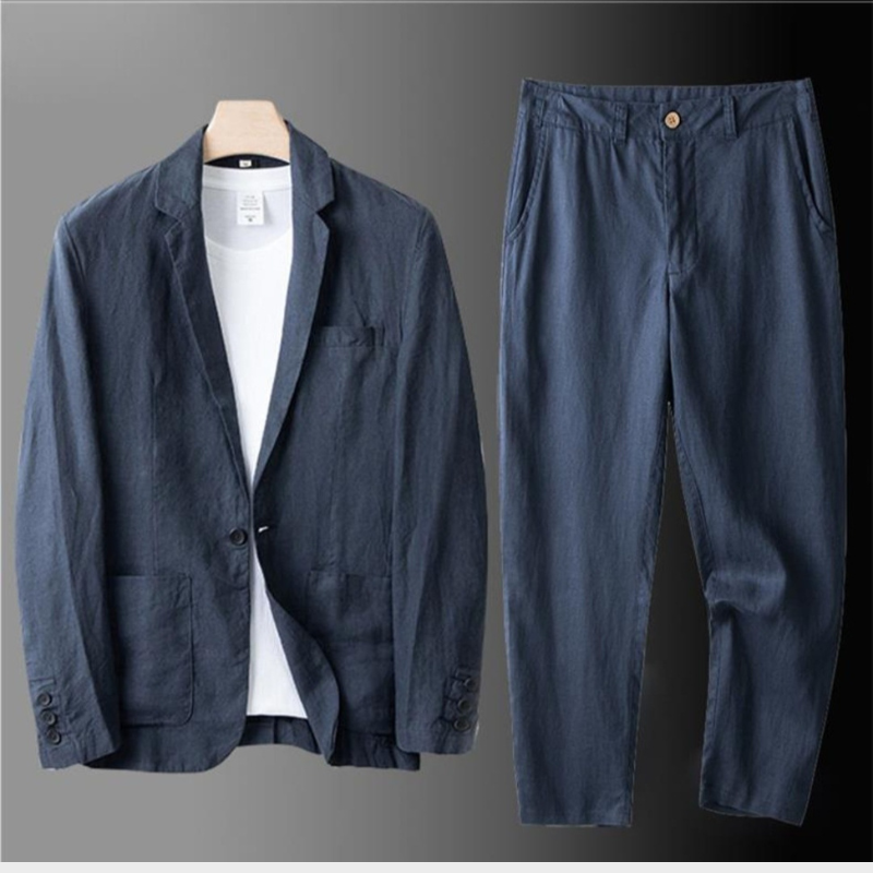 Men's Linen Blazer and Wide Leg Pants Ensemble