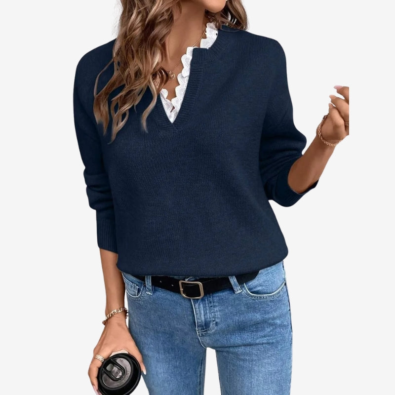 Fiona – Long Sleeve Sweater with V Neck and Ribbed Hem Design