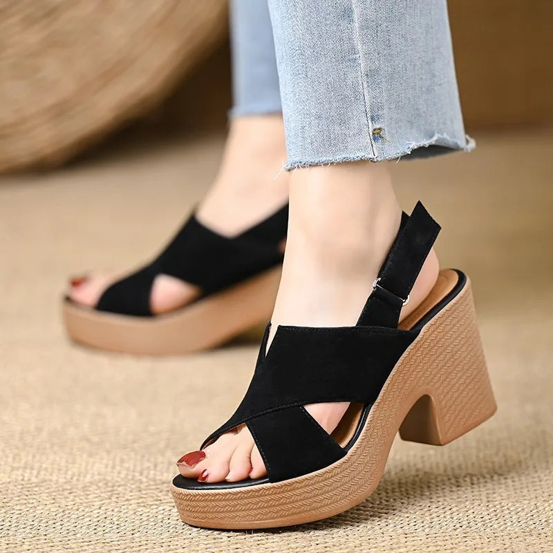 Women's Block Heel Sandals with Cross Straps