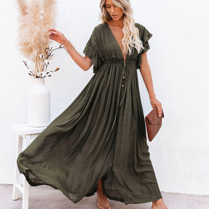Women’s Maxi Dress V Neck Button Front