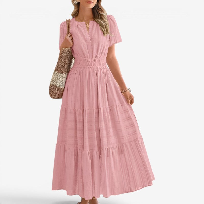 Women's Midi Dress with Wrap Waist and Short Sleeves