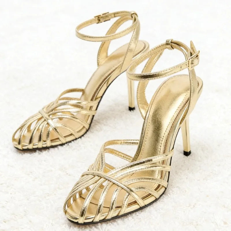 Women's High Heel Sandals with Openwork Strap and Buckle Closure