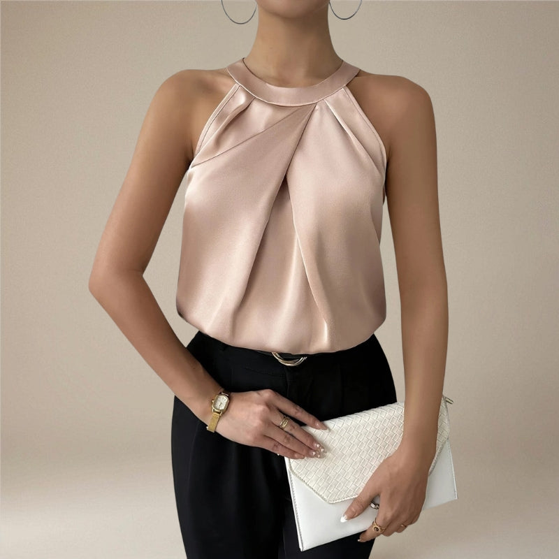 Women's Sleeveless Satin Draped Blouse with Pleated Front