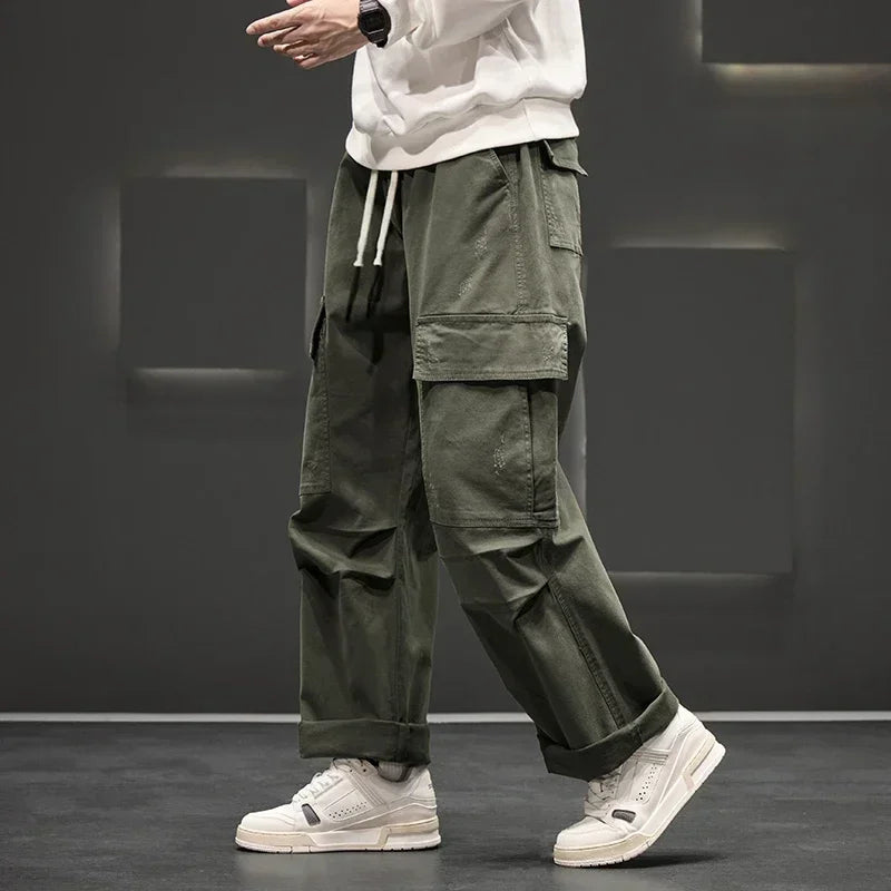 Men's Wide Leg Cargo Pants with Drawstring Waist