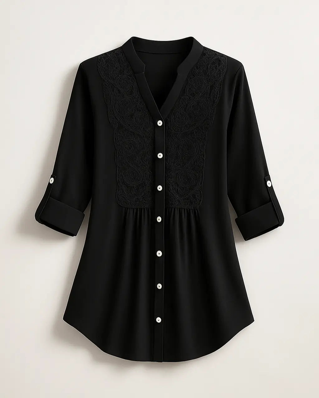 Polyester Blouse Met Pofmouwen En Kanten Accenten-Blouses & Tops-Velani-Zwart-S-Velani