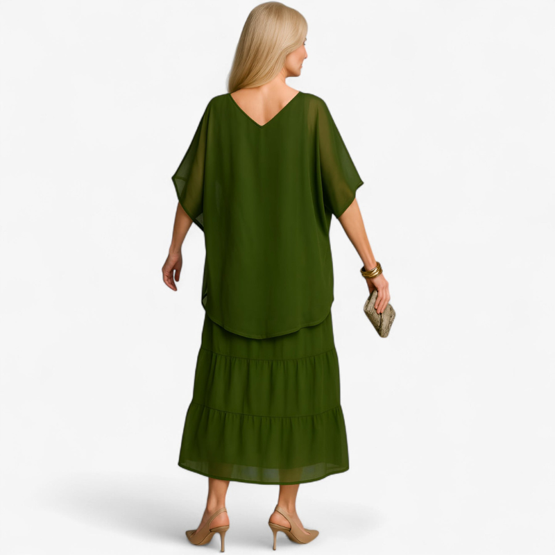 Nova – Lange A-lijn Gelaagde Maxi Jurk met Ronde Hals en Korte Mouwen Velani