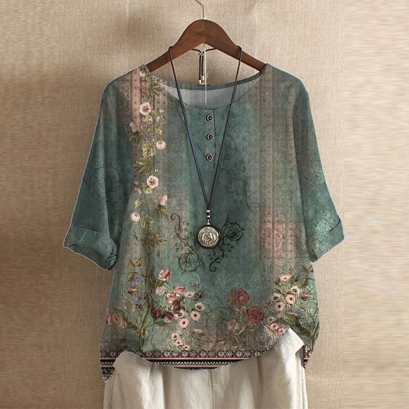 Women's Oversized Printed Blouse with O Neck