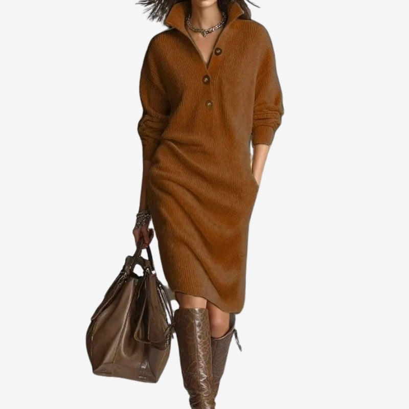 Arlena – Long Sleeve Sweater with Stand Up Collar and Button