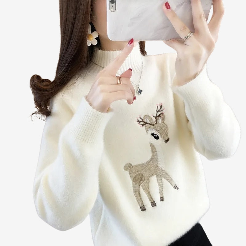 Ava – Long Sleeve Sweater with Ribbed Hem and Deer Pattern