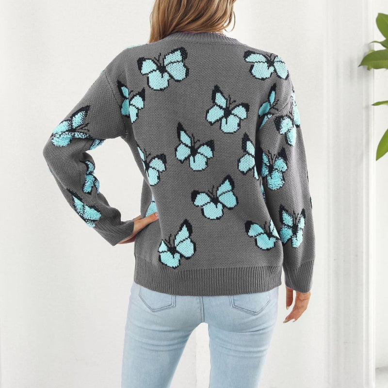 Ava – Suéter de cuello redondo con estampado de mariposas y mangas largas