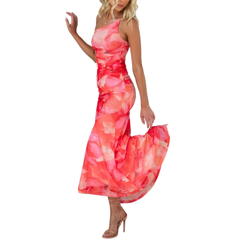 Laura – Strakke Jurk met Één Schouder en Bloemenprint Velani