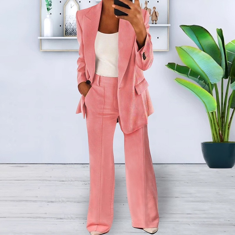 Women Blazer & Tailored Trousers Set One Button Closure