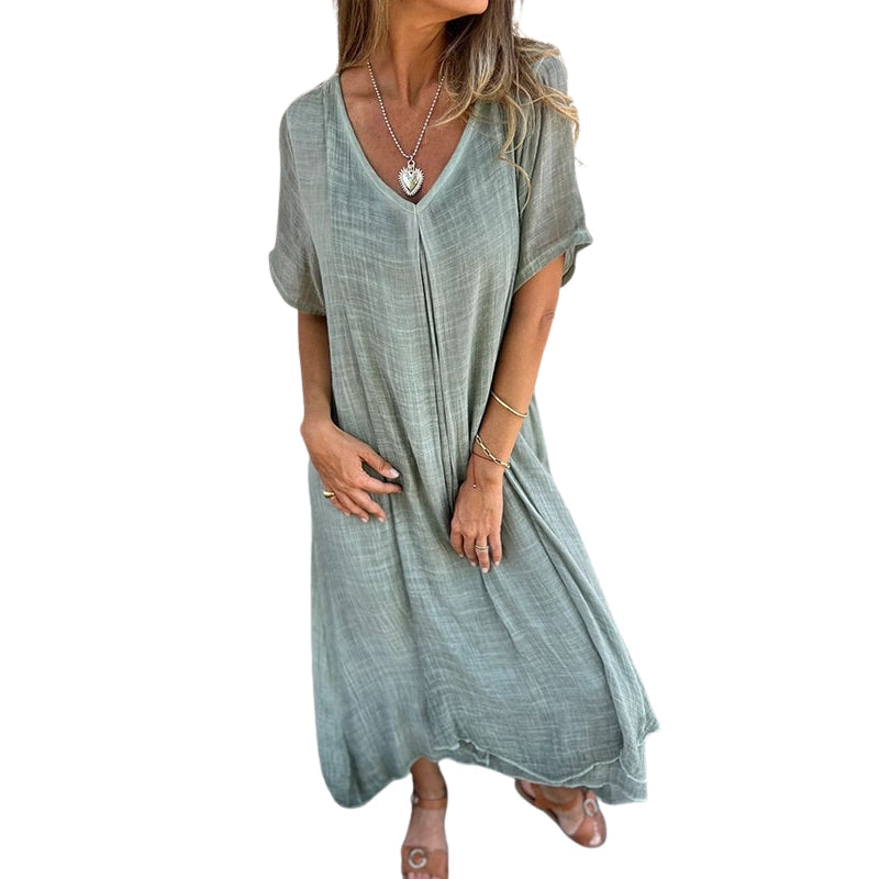 Amara – Midi-jurk met V-hals en Korte Mouwen Velani