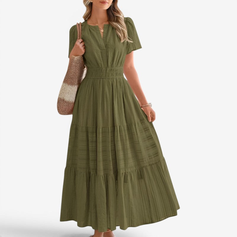 Women's Midi Dress with Wrap Waist and Short Sleeves