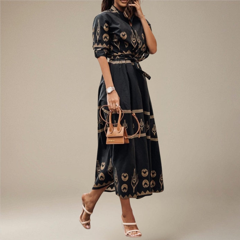 Women’s Midi Dress Long Sleeves Belted Waist