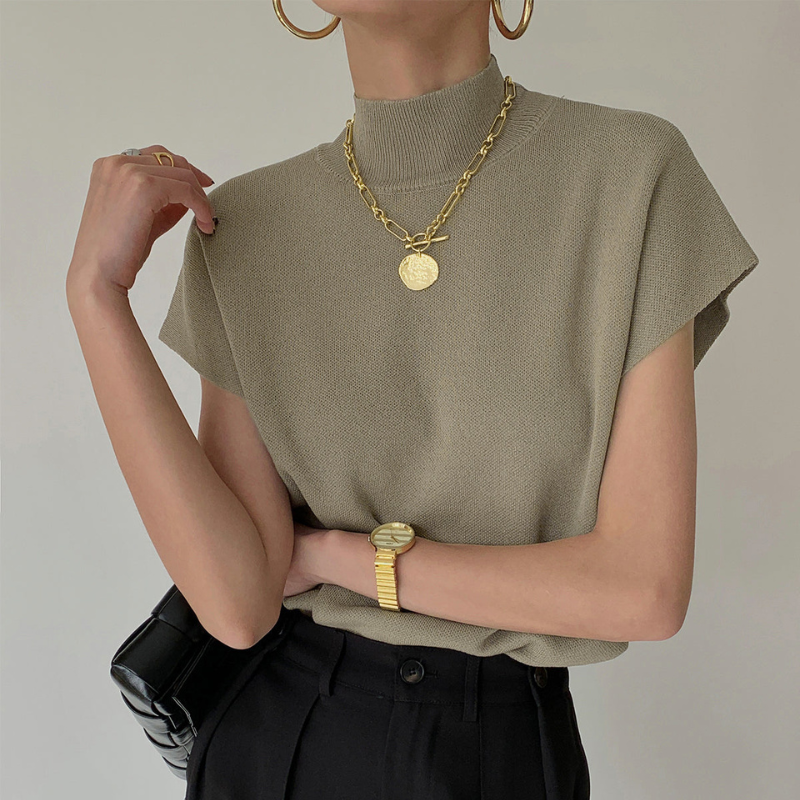 Women's Ribbed High Neck Blouse with Short Sleeves