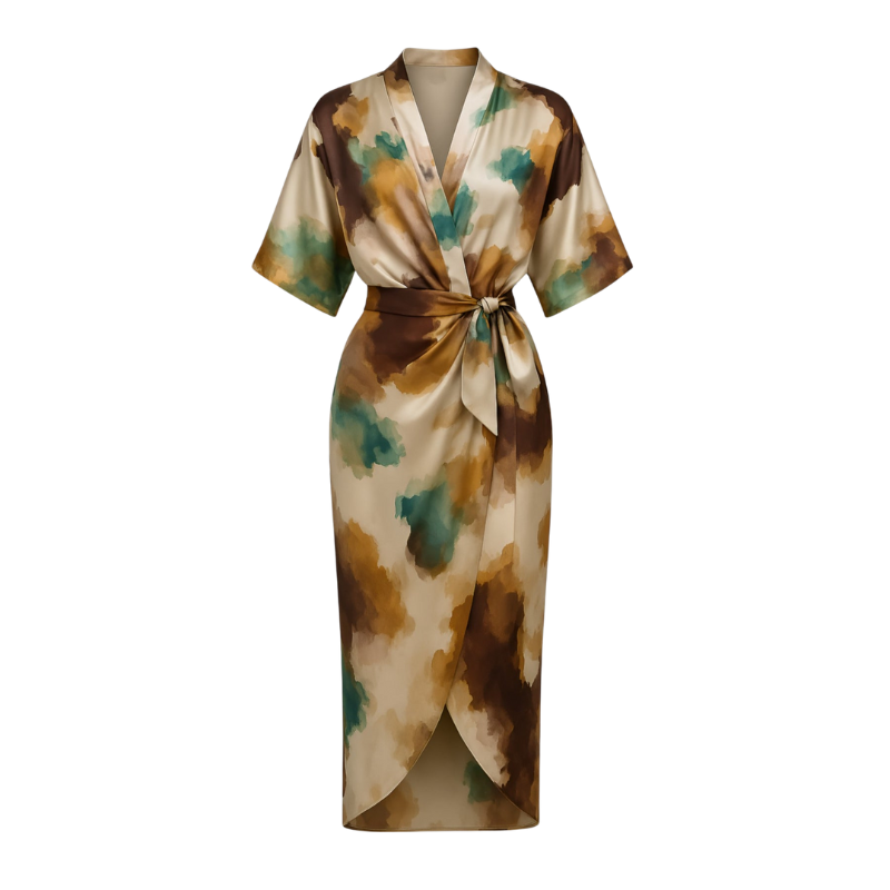 Naomi – Lange Jurk met Korte Mouwen Abstracte Print en Zijsplit Velani