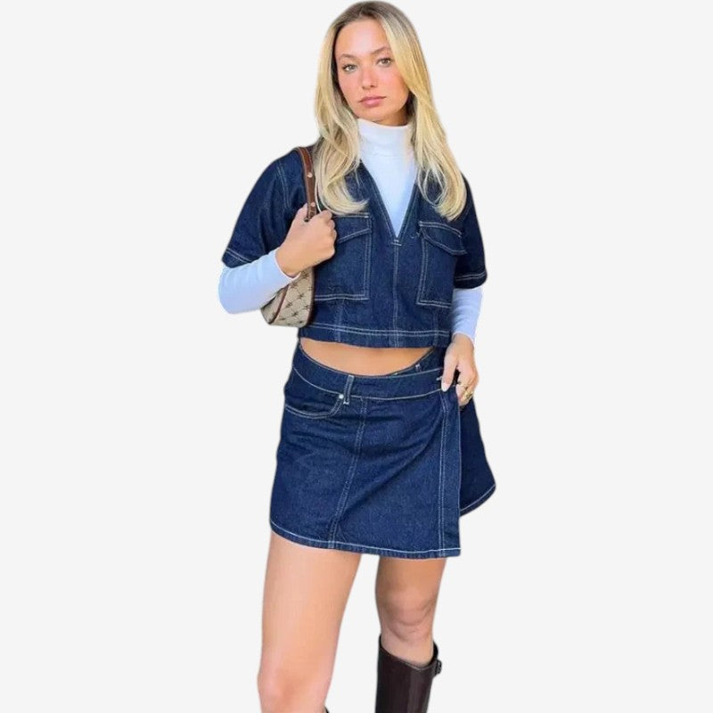 Women's V-Neck Cropped Outfit Set with Asymmetrical Shorts