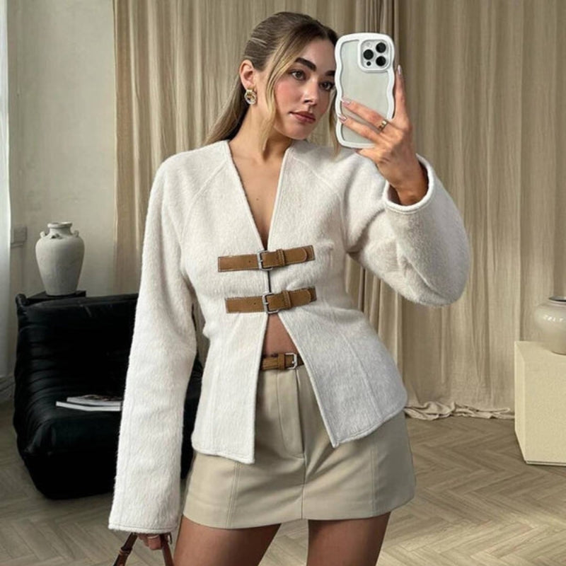 Maya – Long Sleeve Cardigan with V-Neck and Adjustable Buckle