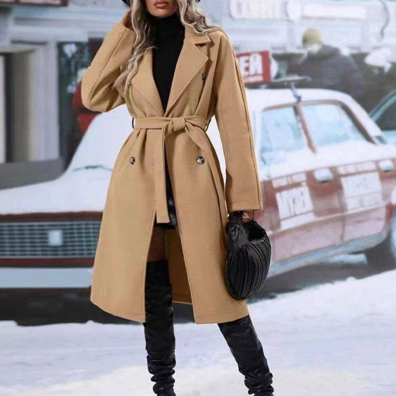 Women’s Belted Long Coat with Lapel Collar