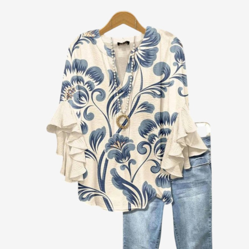 Elegant Women's Printed Blouse with Deep V Neck